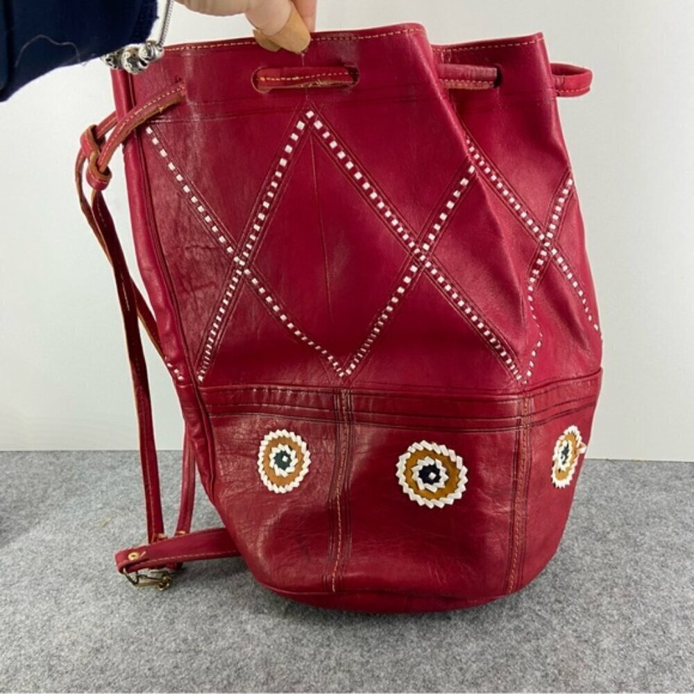 Vintage Drawstring Red Leather Women's Bucket Shoulder Bag - Picture 2 of 10